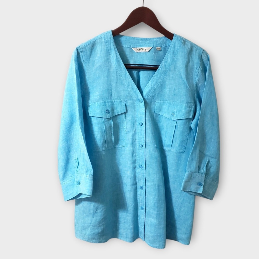 Orvis Womens Turquoise Blue 100% Linen V-Neck Button Front Utility Shirt Size M